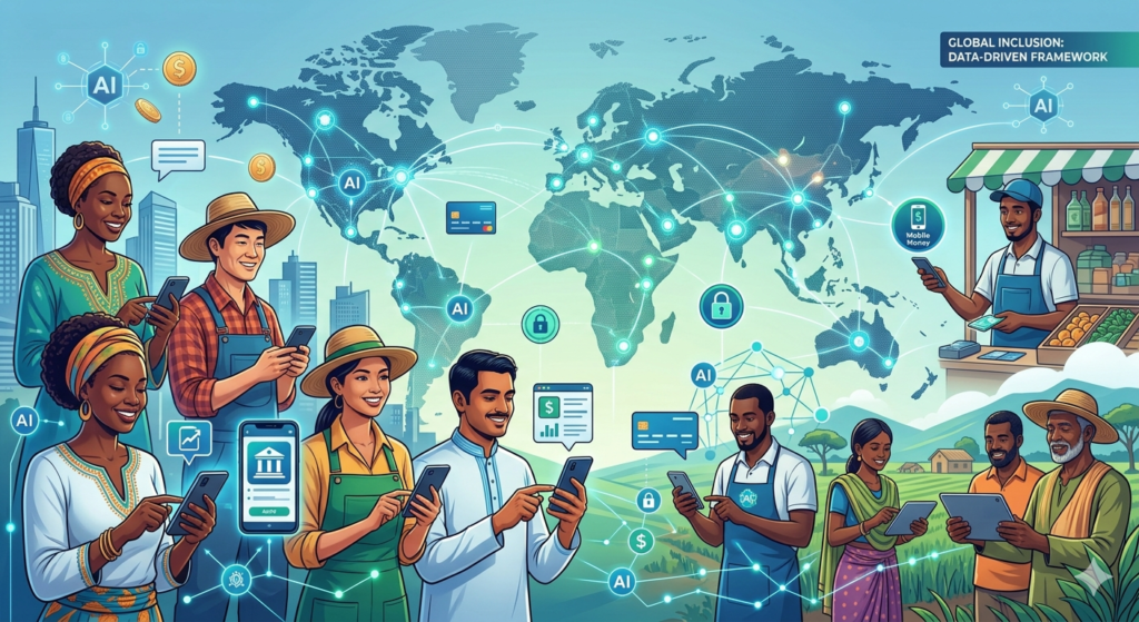 Global financial inclusion concept showing people using mobile banking, fintech apps, and microfinance services across different regions