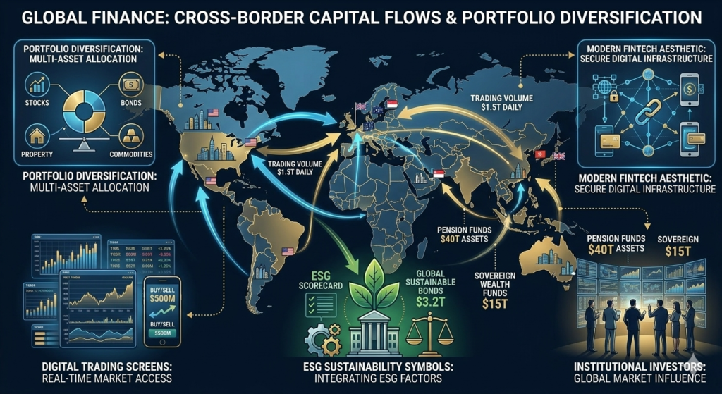 Global asset management industry illustration showing portfolio diversification, ESG investing, and international financial markets.