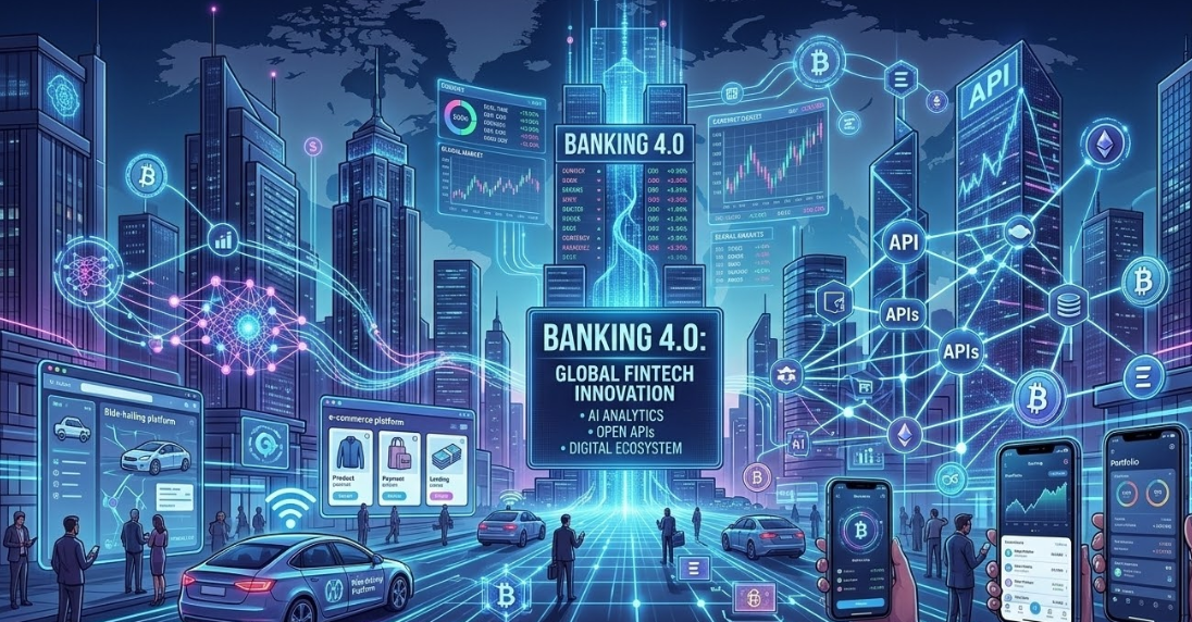 Futuristic Banking 4.0 ecosystem showing digital banking networks, AI financial analytics, APIs connecting fintech platforms, mobile banking apps, and blockchain technology