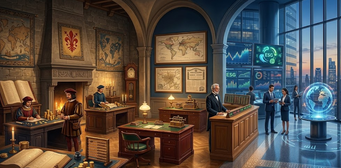 Illustration showing the evolution of global banking from the Renaissance Medici era to the modern digital financial system, symbolizing trust, governance, and financial legacy.