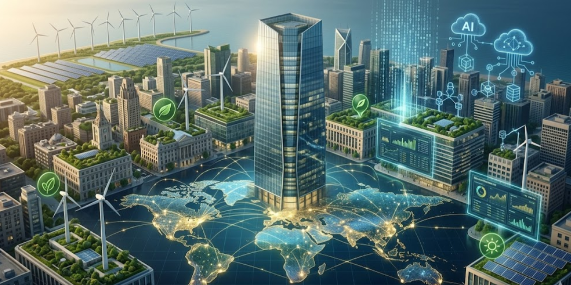 Feature image illustrating sustainable global bank growth through digital transformation, ESG integration, and financial resilience.