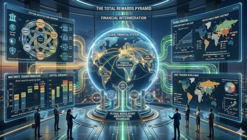 Global financial system showing interaction between commercial banks, central banks, fintech, and shadow banking institutions