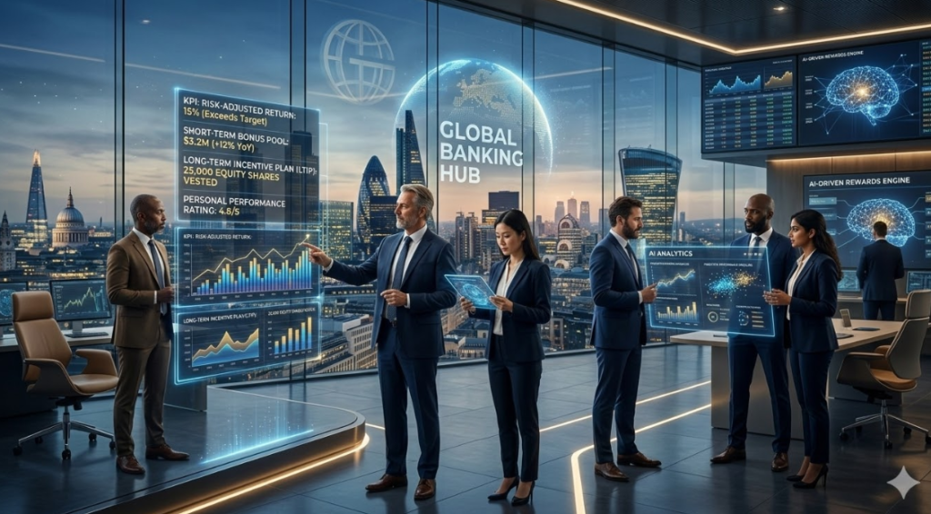 Illustration of global banking professionals analyzing digital financial dashboards representing human capital investment and performance-linked compensation in modern financial institutions.