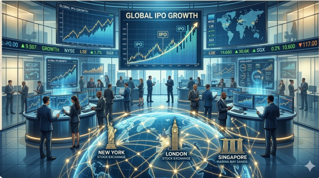 Global capital markets and IPO growth concept showing stock exchange screens, financial charts, and global financial networks.