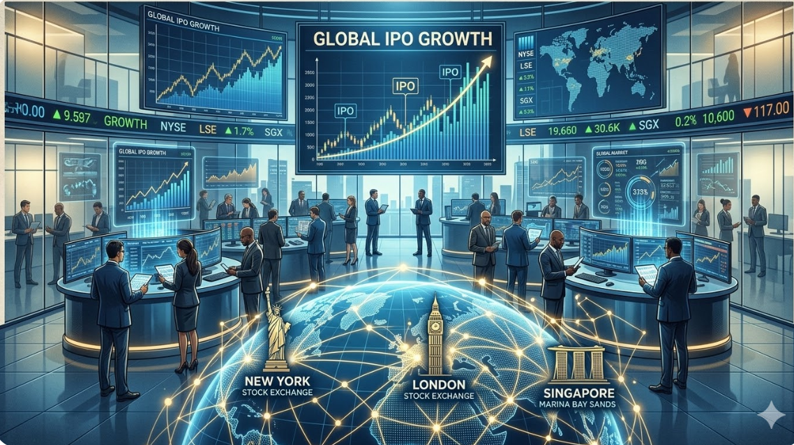 Global capital markets and IPO growth concept showing stock exchange screens, financial charts, and global financial networks.